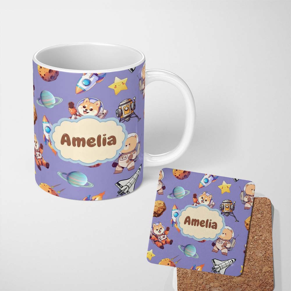 Personalized Custom Name Space Dog Bear Astronaut Rockets Planets Stars Seamless Lavender 11oz Ceramic Coffee Tea Mug White Large Handle