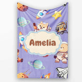 Space Dog Bear Astronaut Rockets Planets Stars Seamless Lavender  Personalised Custom Name Super Soft Fleece Blanket Bed Sofa Throw