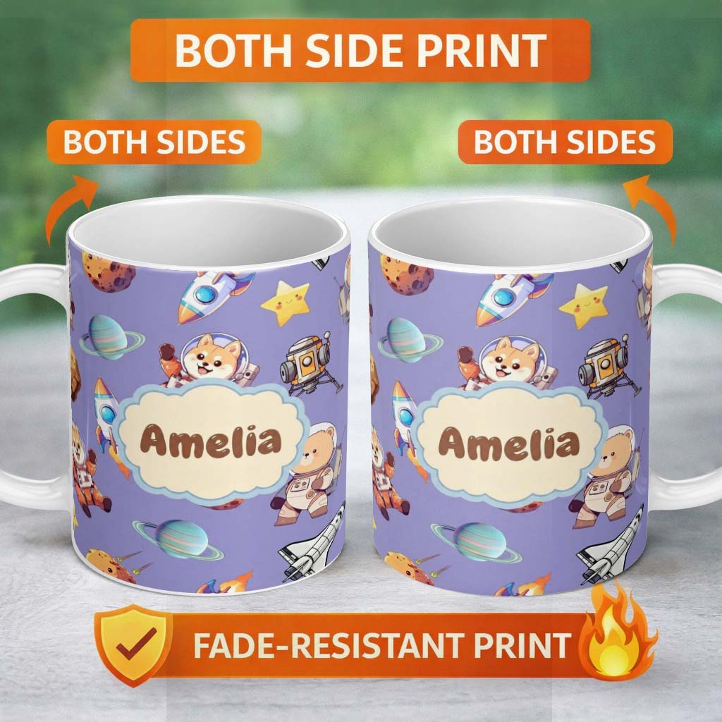 Personalized Custom Name Space Dog Bear Astronaut Rockets Planets Stars Seamless Lavender 11oz Ceramic Coffee Tea Mug White Large Handle
