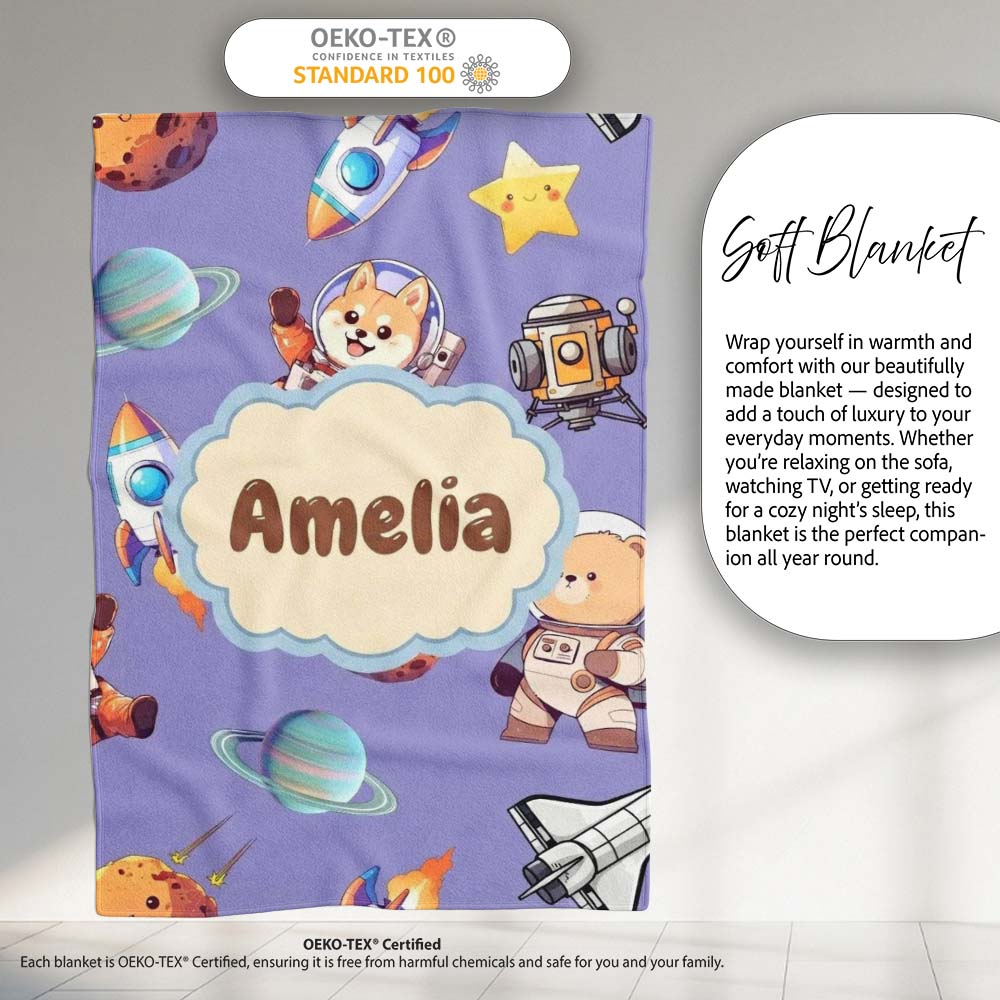 Space Dog Bear Astronaut Rockets Planets Stars Seamless Lavender  Personalised Custom Name Super Soft Fleece Blanket Bed Sofa Throw
