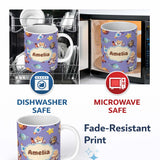 Personalized Custom Name Space Dog Bear Astronaut Rockets Planets Stars Seamless Lavender 11oz Ceramic Coffee Tea Mug White Large Handle