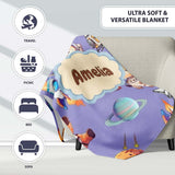 Space Dog Bear Astronaut Rockets Planets Stars Seamless Lavender  Personalised Custom Name Super Soft Fleece Blanket Bed Sofa Throw