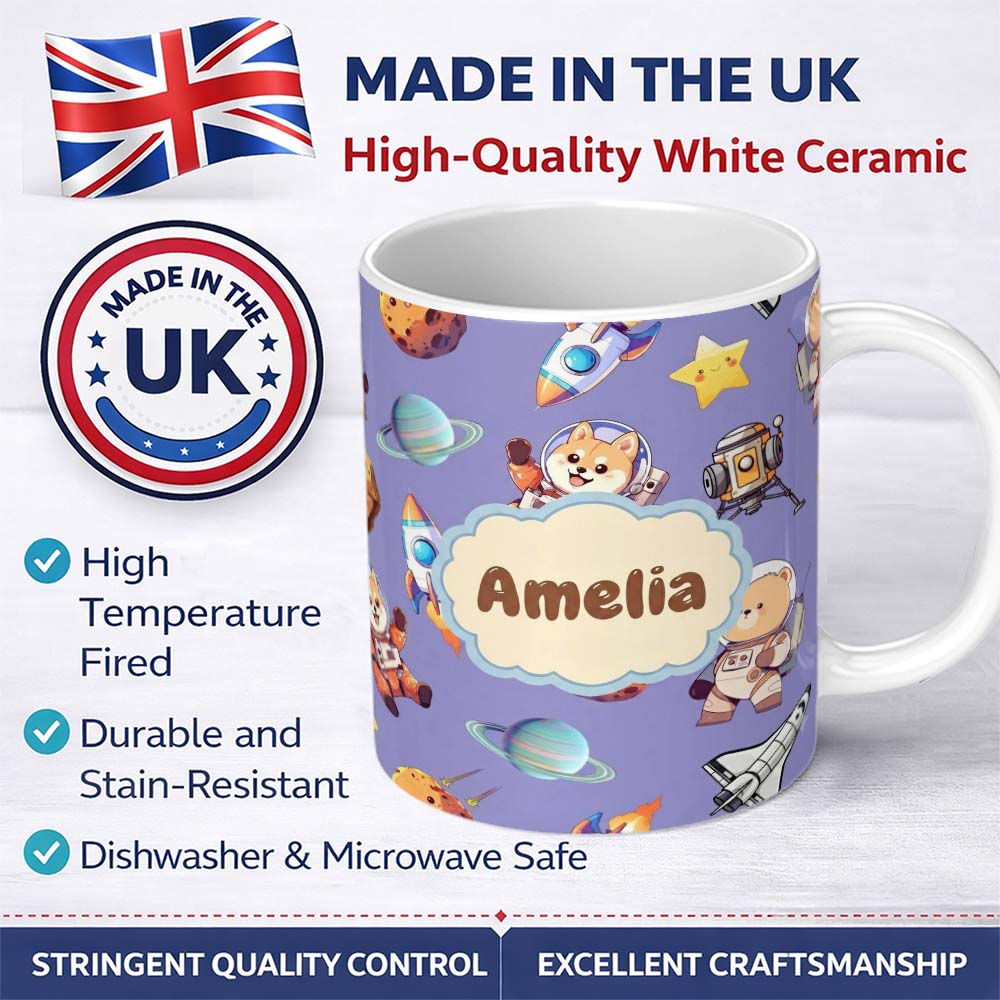 Personalized Custom Name Space Dog Bear Astronaut Rockets Planets Stars Seamless Lavender 11oz Ceramic Coffee Tea Mug White Large Handle