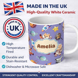 Personalized Custom Name Space Dog Bear Astronaut Rockets Planets Stars Seamless Lavender 11oz Ceramic Coffee Tea Mug White Large Handle