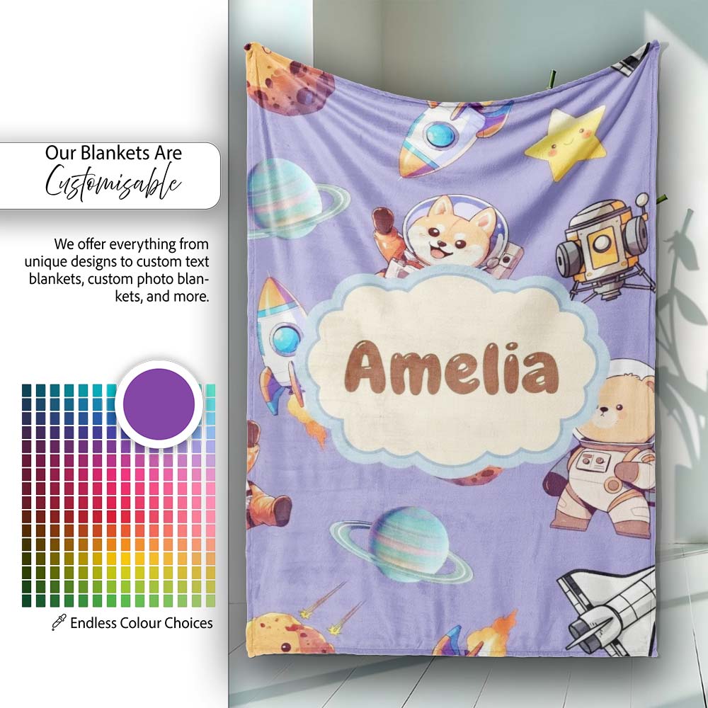 Space Dog Bear Astronaut Rockets Planets Stars Seamless Lavender  Personalised Custom Name Super Soft Fleece Blanket Bed Sofa Throw