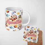 Personalized Custom Name Space Dog Bear Astronaut Rockets Planets Stars Seamless Light Grey 11oz Ceramic Coffee Tea Mug White Large Handle