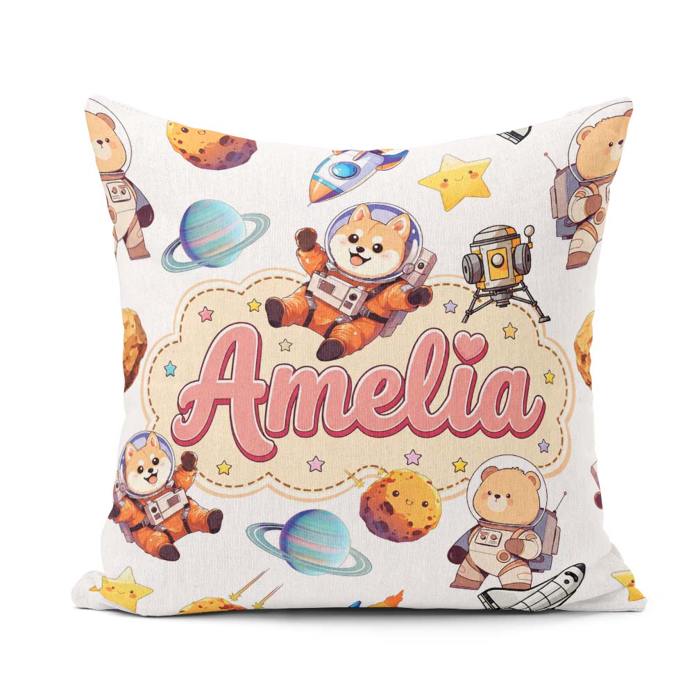 Custom Name Space Dog Bear Astronaut Rockets Planets Stars Light Square Filled Cushion Throw Pillow Sofa Bed Home Decor Zip Washable UK Made
