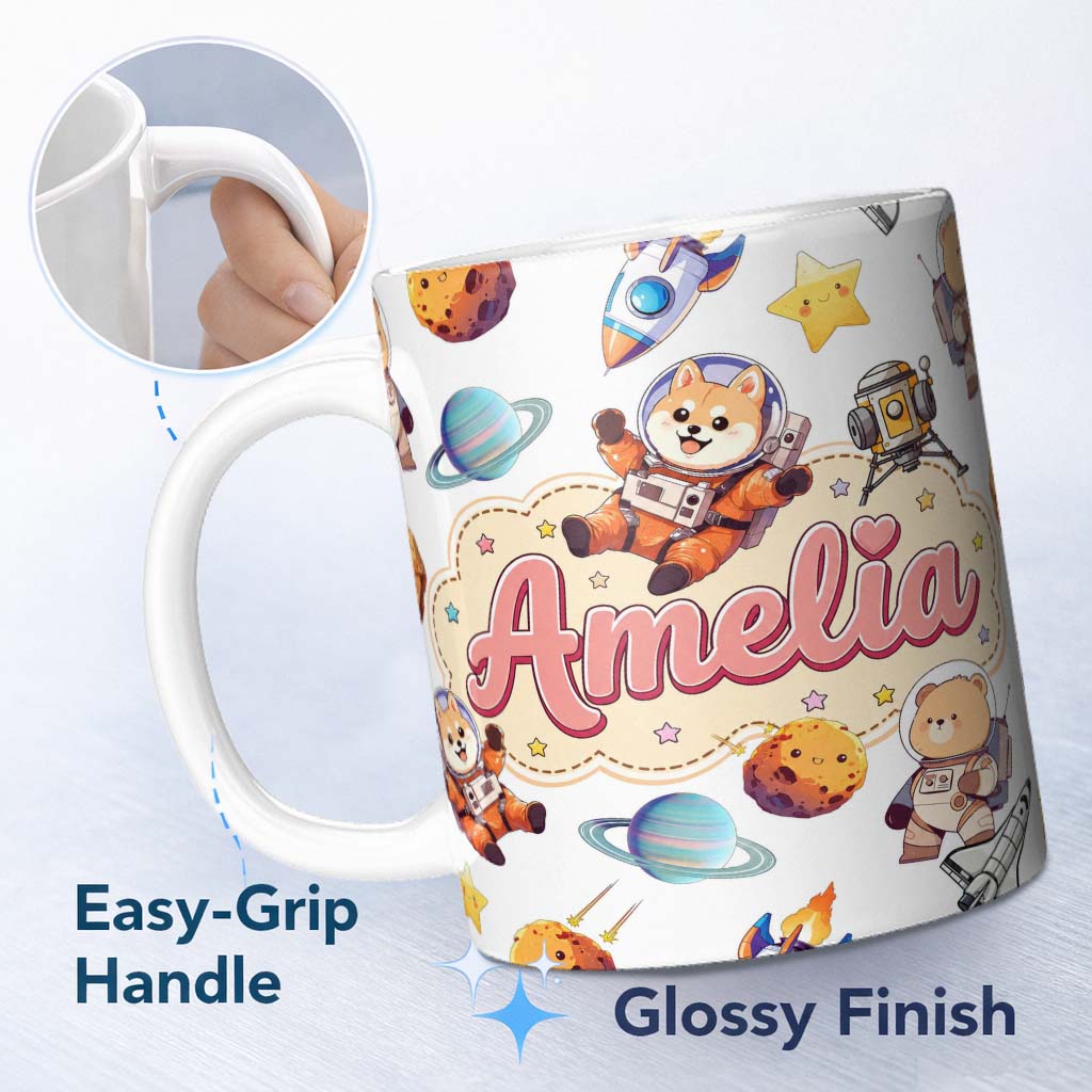 Personalized Custom Name Space Dog Bear Astronaut Rockets Planets Stars Seamless Light Grey 11oz Ceramic Coffee Tea Mug White Large Handle