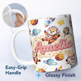 Personalized Custom Name Space Dog Bear Astronaut Rockets Planets Stars Seamless Light Grey 11oz Ceramic Coffee Tea Mug White Large Handle