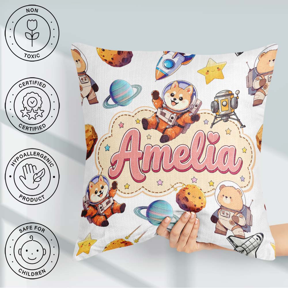 Custom Name Space Dog Bear Astronaut Rockets Planets Stars Light Square Filled Cushion Throw Pillow Sofa Bed Home Decor Zip Washable UK Made