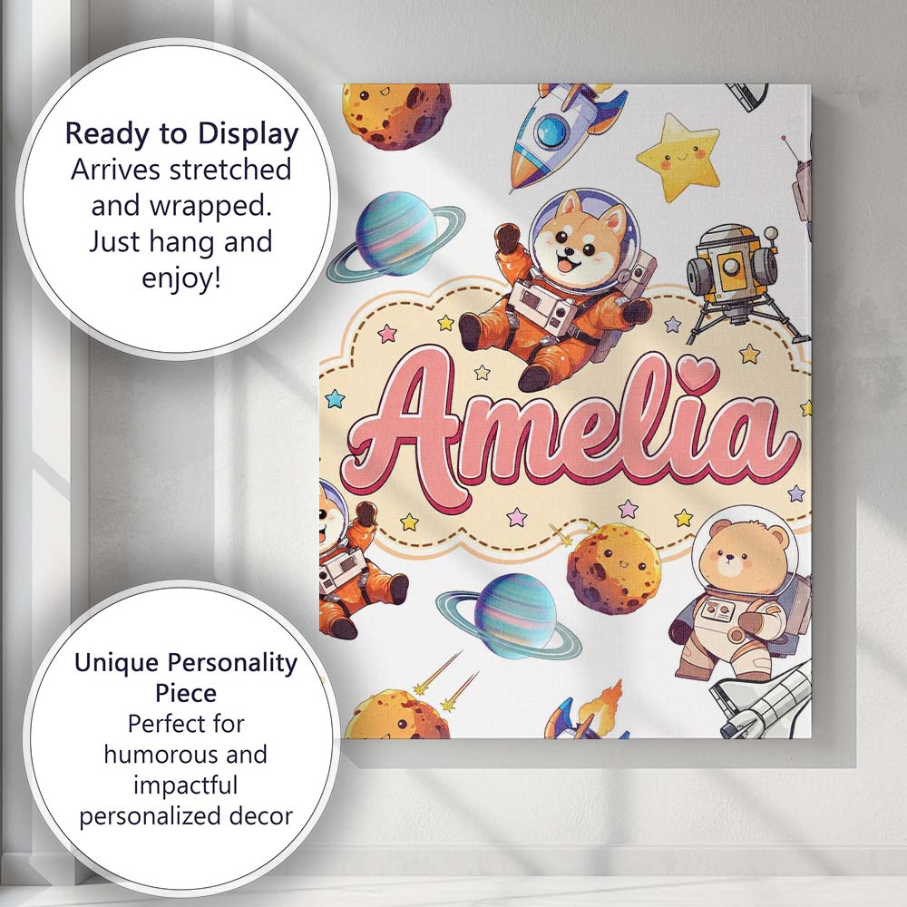 Personalised Name Space Dog Bear Astronaut Custom  Unique Gift Idea Elegant Feature Canvas Wall Art Print Decor Picture Ready to Hang