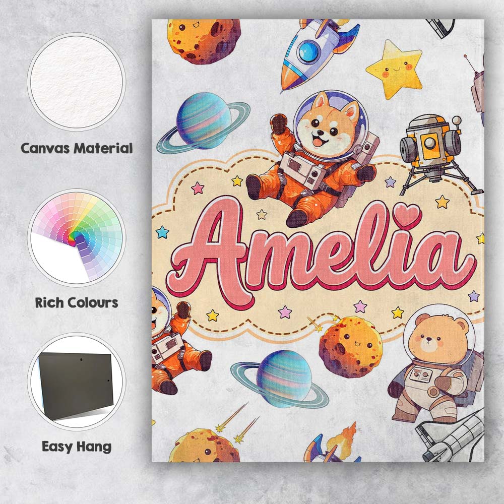 Personalised Name Space Dog Bear Astronaut Custom  Unique Gift Idea Elegant Feature Canvas Wall Art Print Decor Picture Ready to Hang