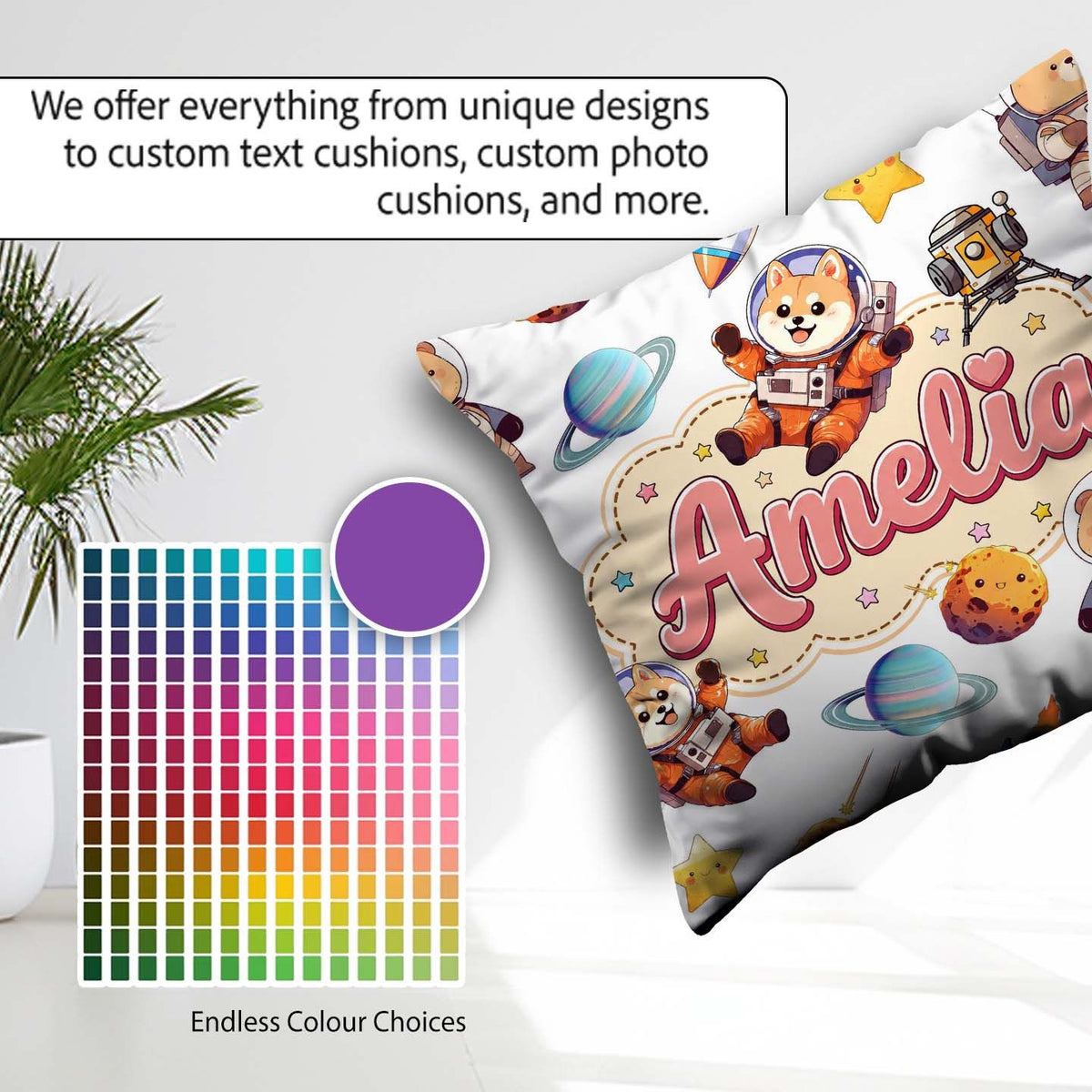 Custom Name Space Dog Bear Astronaut Rockets Planets Stars Light Square Filled Cushion Throw Pillow Sofa Bed Home Decor Zip Washable UK Made
