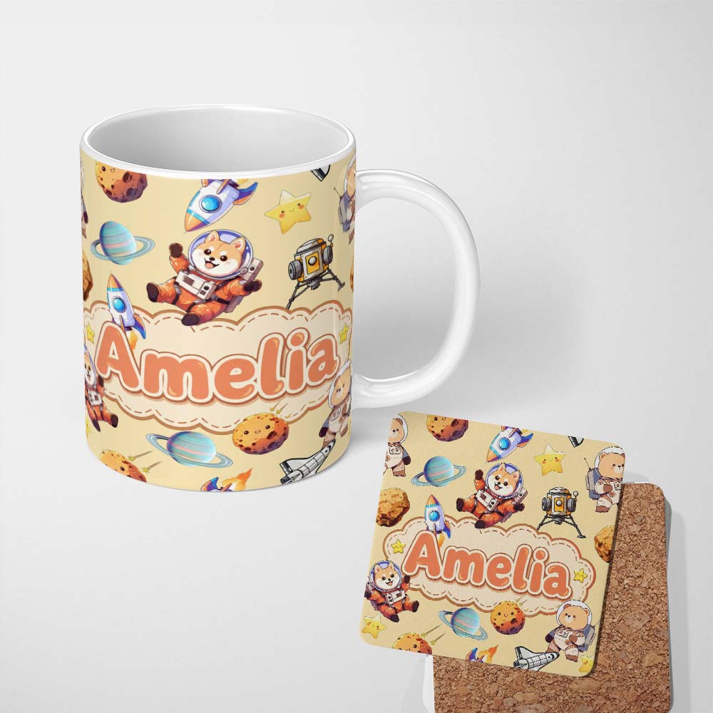 Personalized Custom Name Space Dog Bear Astronaut Rocket Planets Stars Seamless Soft Yellow 11oz Ceramic Coffee Tea Mug White Large Handle