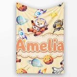 Space Dog Bear Astronaut Rocket Planets Stars Seamless Soft Yellow  Personalised Custom Name Super Soft Fleece Blanket Bed Sofa Throw