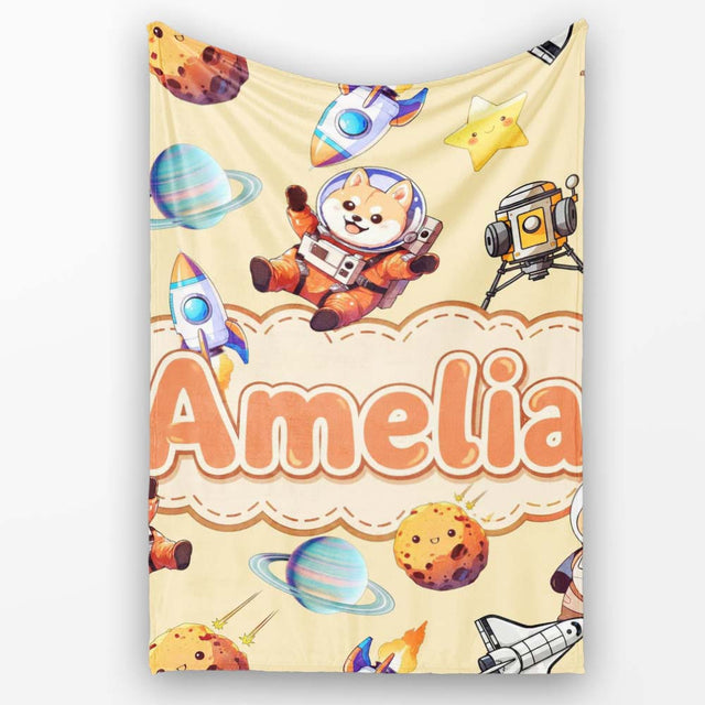 Space Dog Bear Astronaut Rocket Planets Stars Seamless Soft Yellow  Personalised Custom Name Super Soft Fleece Blanket Bed Sofa Throw