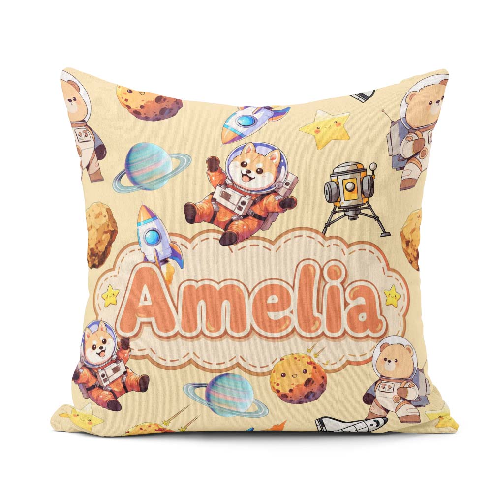 Custom Name Space Dog Bear Astronaut Planets Stars Seamless Soft Square Filled Cushion Throw Pillow Sofa Bed Home Decor Zip Washable UK Made