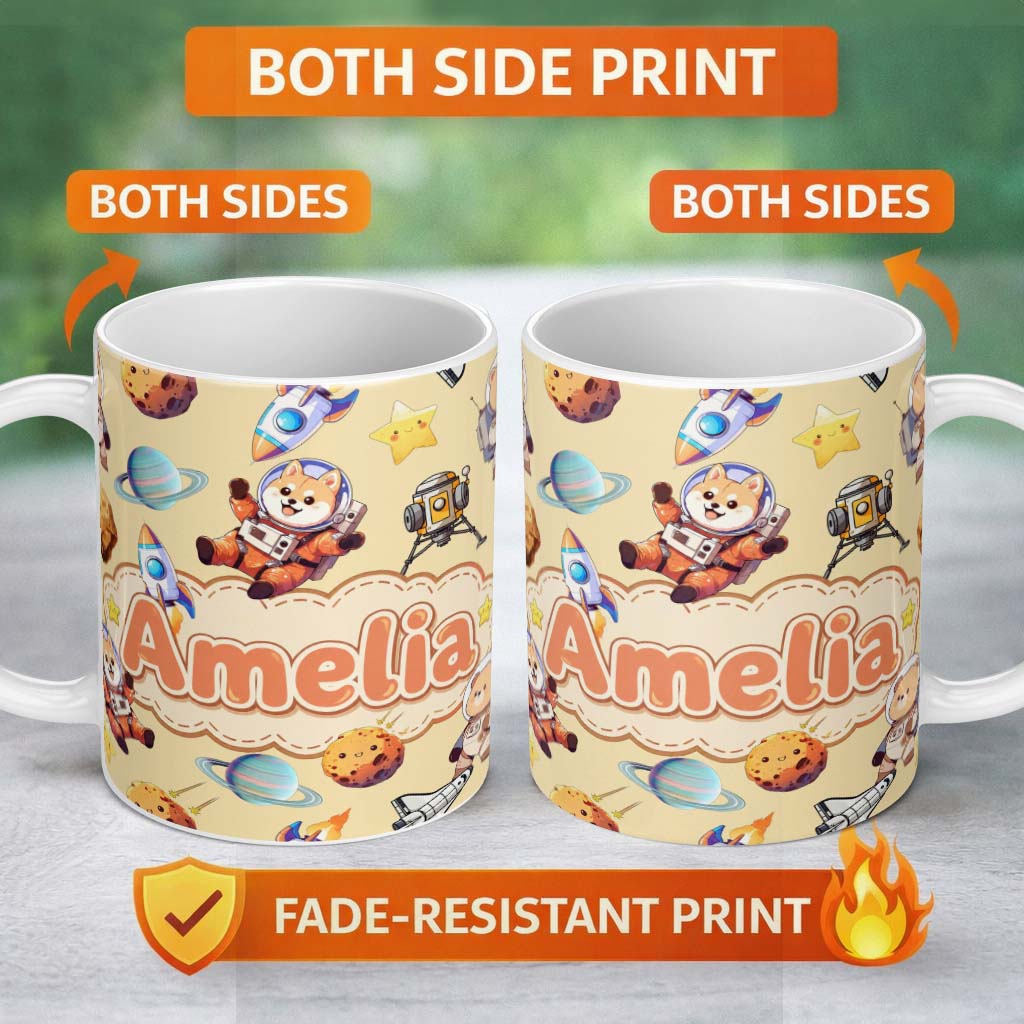 Personalized Custom Name Space Dog Bear Astronaut Rocket Planets Stars Seamless Soft Yellow 11oz Ceramic Coffee Tea Mug White Large Handle