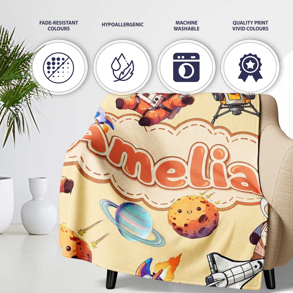 Space Dog Bear Astronaut Rocket Planets Stars Seamless Soft Yellow  Personalised Custom Name Super Soft Fleece Blanket Bed Sofa Throw