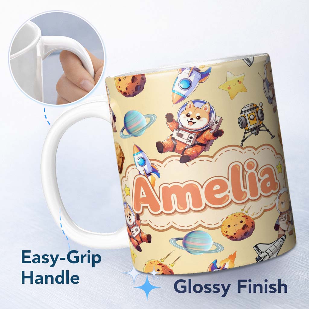 Personalized Custom Name Space Dog Bear Astronaut Rocket Planets Stars Seamless Soft Yellow 11oz Ceramic Coffee Tea Mug White Large Handle