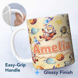 Personalized Custom Name Space Dog Bear Astronaut Rocket Planets Stars Seamless Soft Yellow 11oz Ceramic Coffee Tea Mug White Large Handle