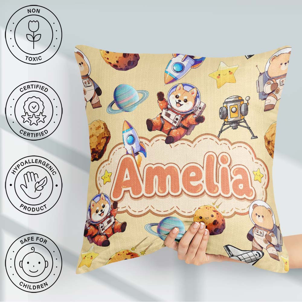 Custom Name Space Dog Bear Astronaut Planets Stars Seamless Soft Square Filled Cushion Throw Pillow Sofa Bed Home Decor Zip Washable UK Made