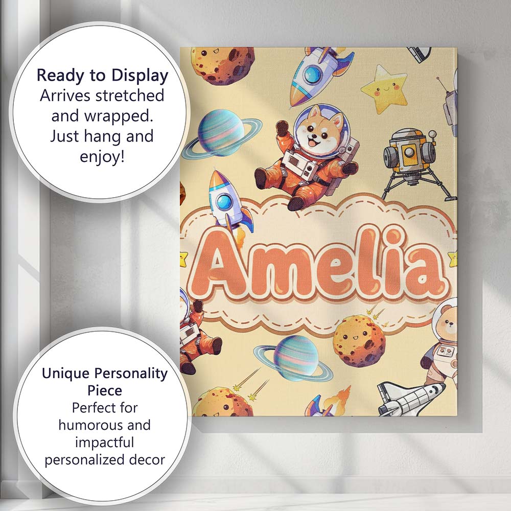 Personalised Name Space Dog Bear Astronaut Custom  Unique Gift Idea Elegant Feature Canvas Wall Art Print Decor Picture Ready to Hang