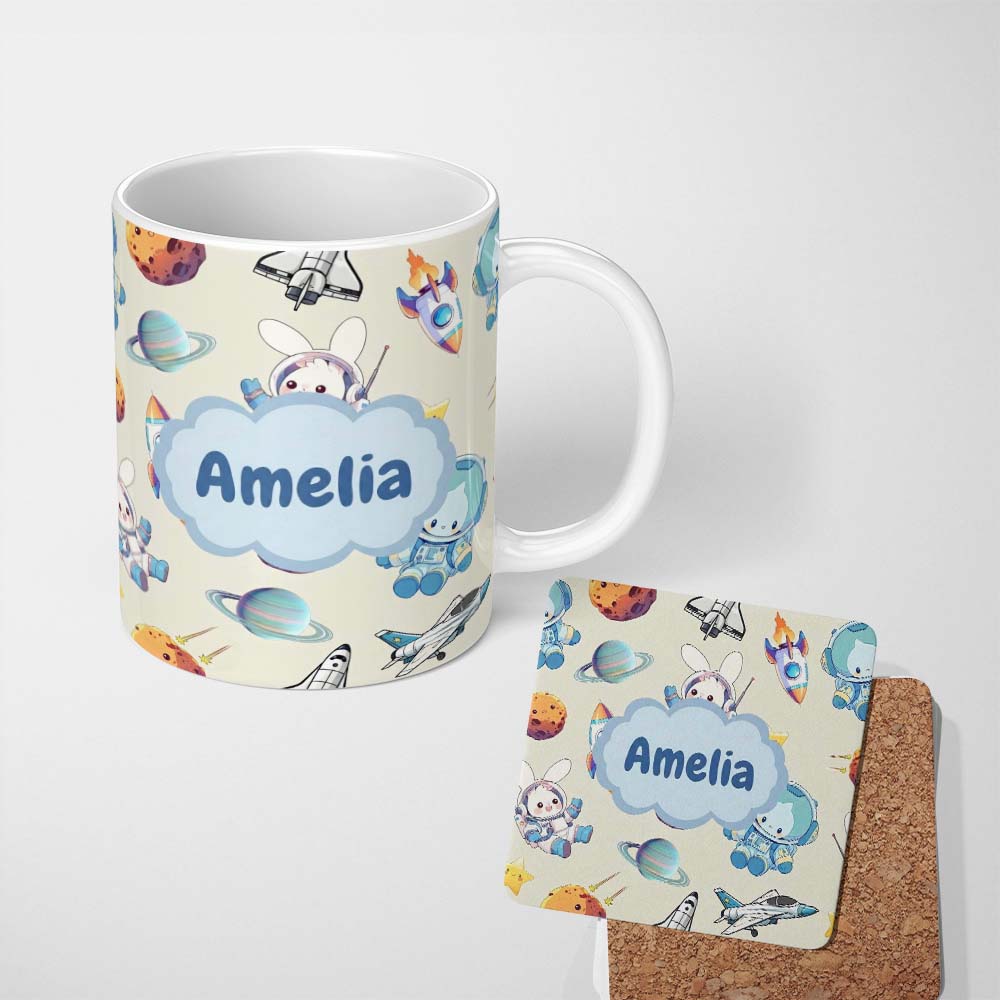 Personalized Custom Name Bunny Astronaut Cat Space Rockets Planets Stars Seamless Cream 11oz Ceramic Coffee Tea Mug White Large Handle