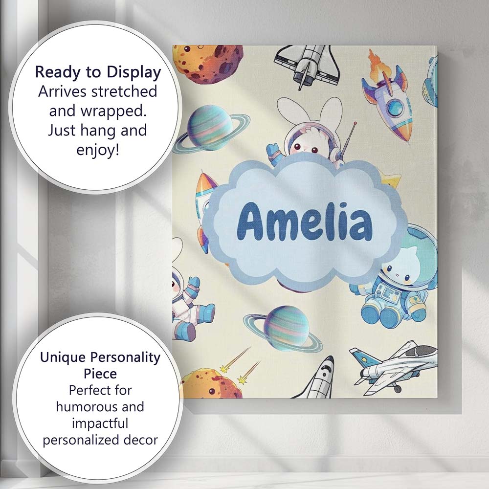 Personalised Name Bunny Astronaut Cat Space Custom  Bespoke Interior Contemporary Canvas Wall Art Print Decor Picture Ready to Hang