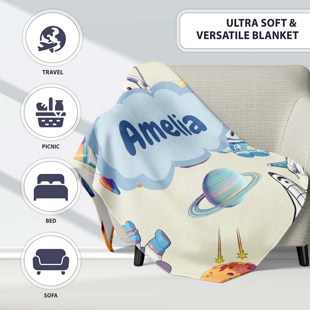 Bunny Astronaut Cat Space Rockets Planets Stars Seamless Cream  Personalised Custom Name Super Soft Fleece Blanket Bed Sofa Throw