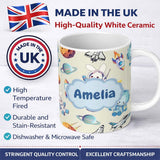 Personalized Custom Name Bunny Astronaut Cat Space Rockets Planets Stars Seamless Cream 11oz Ceramic Coffee Tea Mug White Large Handle