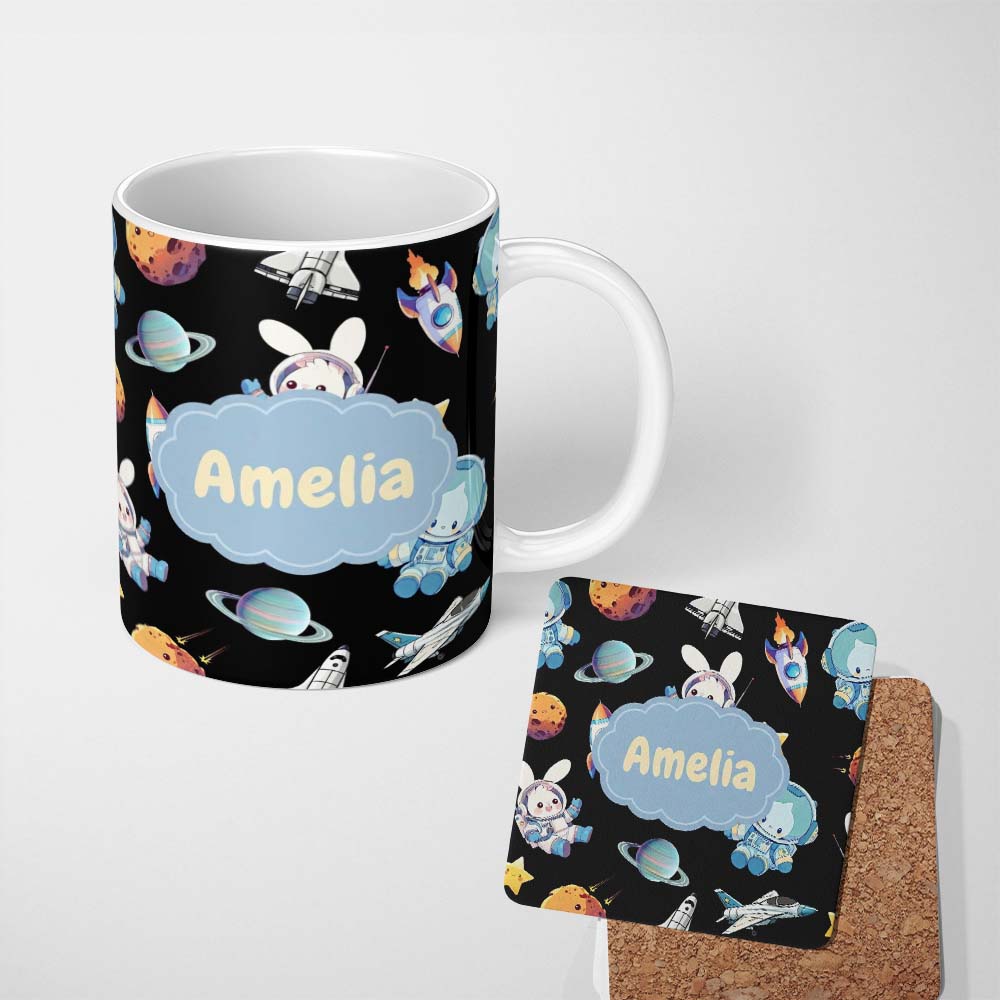 Personalized Custom Name Bunny Astronaut Cat Space Rockets Planets Stars Seamless Black 11oz Ceramic Coffee Tea Mug White Large Handle