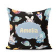 Custom Name Bunny Cat Space Rockets Planets Stars Seamless Black Square Filled Cushion Throw Pillow Sofa Bed Home Decor Zip Washable UK Made