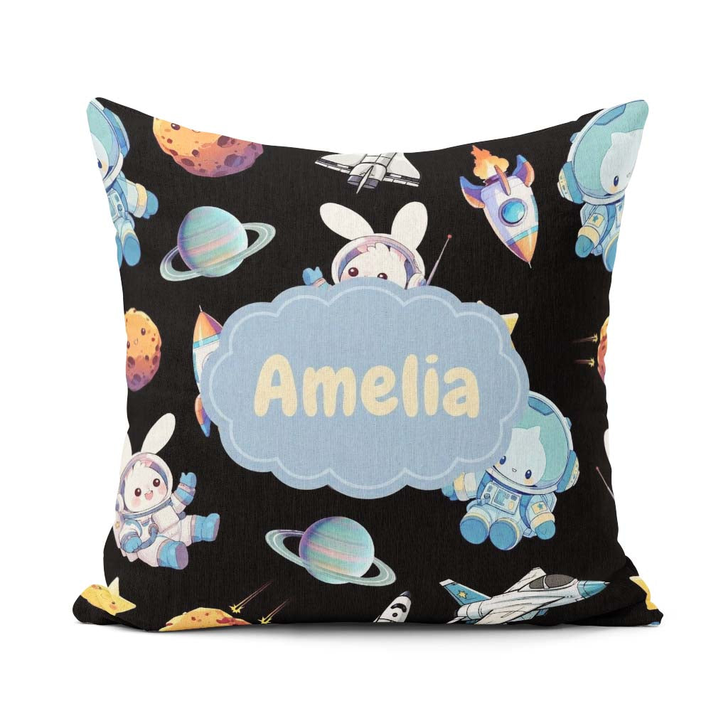 Custom Name Bunny Cat Space Rockets Planets Stars Seamless Black Square Filled Cushion Throw Pillow Sofa Bed Home Decor Zip Washable UK Made