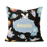 Custom Name Bunny Cat Space Rockets Planets Stars Seamless Black Square Filled Cushion Throw Pillow Sofa Bed Home Decor Zip Washable UK Made