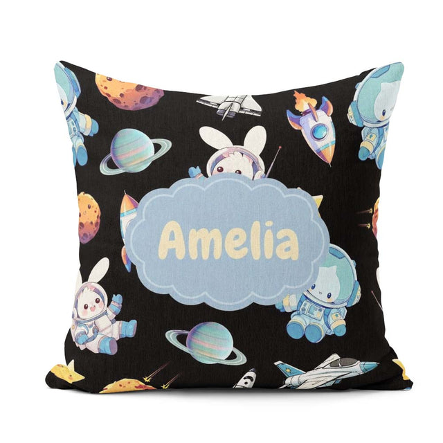 Custom Name Bunny Cat Space Rockets Planets Stars Seamless Black Square Filled Cushion Throw Pillow Sofa Bed Home Decor Zip Washable UK Made