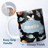 Personalized Custom Name Bunny Astronaut Cat Space Rockets Planets Stars Seamless Black 11oz Ceramic Coffee Tea Mug White Large Handle