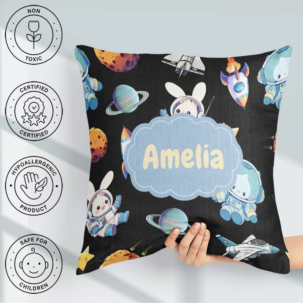 Custom Name Bunny Cat Space Rockets Planets Stars Seamless Black Square Filled Cushion Throw Pillow Sofa Bed Home Decor Zip Washable UK Made