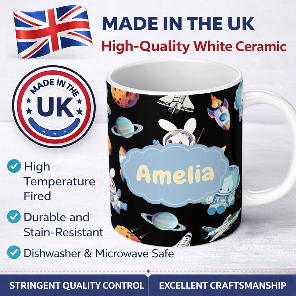 Personalized Custom Name Bunny Astronaut Cat Space Rockets Planets Stars Seamless Black 11oz Ceramic Coffee Tea Mug White Large Handle
