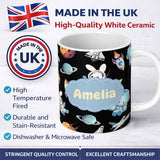 Personalized Custom Name Bunny Astronaut Cat Space Rockets Planets Stars Seamless Black 11oz Ceramic Coffee Tea Mug White Large Handle