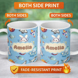 Personalized Custom Name Bunny Astronaut Cat Space Rockets Planets Stars Seamless Blue 11oz Ceramic Coffee Tea Mug White Large Handle