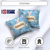Custom Name Bunny Astronaut Cat Space Rockets Planets Stars Blue Square Filled Cushion Throw Pillow Sofa Bed Home Decor Zip Washable UK Made