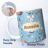 Personalized Custom Name Bunny Astronaut Cat Space Rockets Planets Stars Seamless Blue 11oz Ceramic Coffee Tea Mug White Large Handle