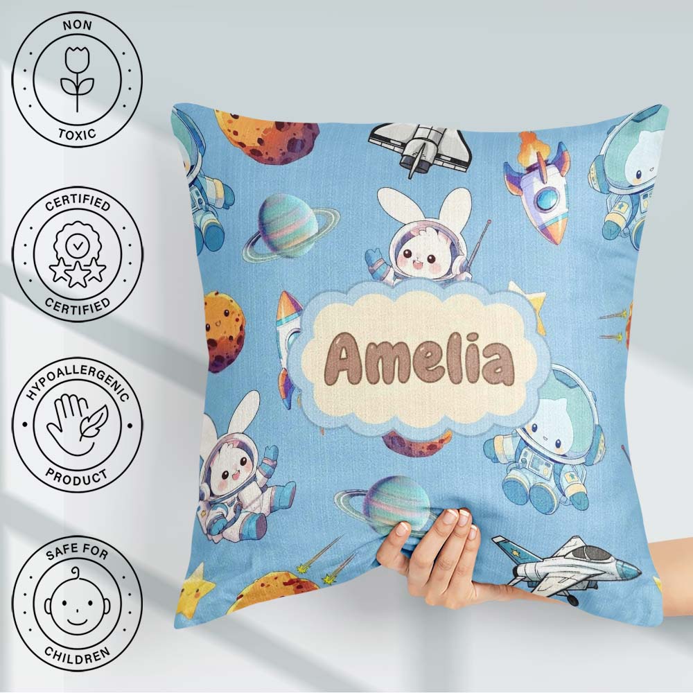 Custom Name Bunny Astronaut Cat Space Rockets Planets Stars Blue Square Filled Cushion Throw Pillow Sofa Bed Home Decor Zip Washable UK Made