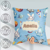 Custom Name Bunny Astronaut Cat Space Rockets Planets Stars Blue Square Filled Cushion Throw Pillow Sofa Bed Home Decor Zip Washable UK Made