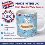 Personalized Custom Name Bunny Astronaut Cat Space Rockets Planets Stars Seamless Blue 11oz Ceramic Coffee Tea Mug White Large Handle
