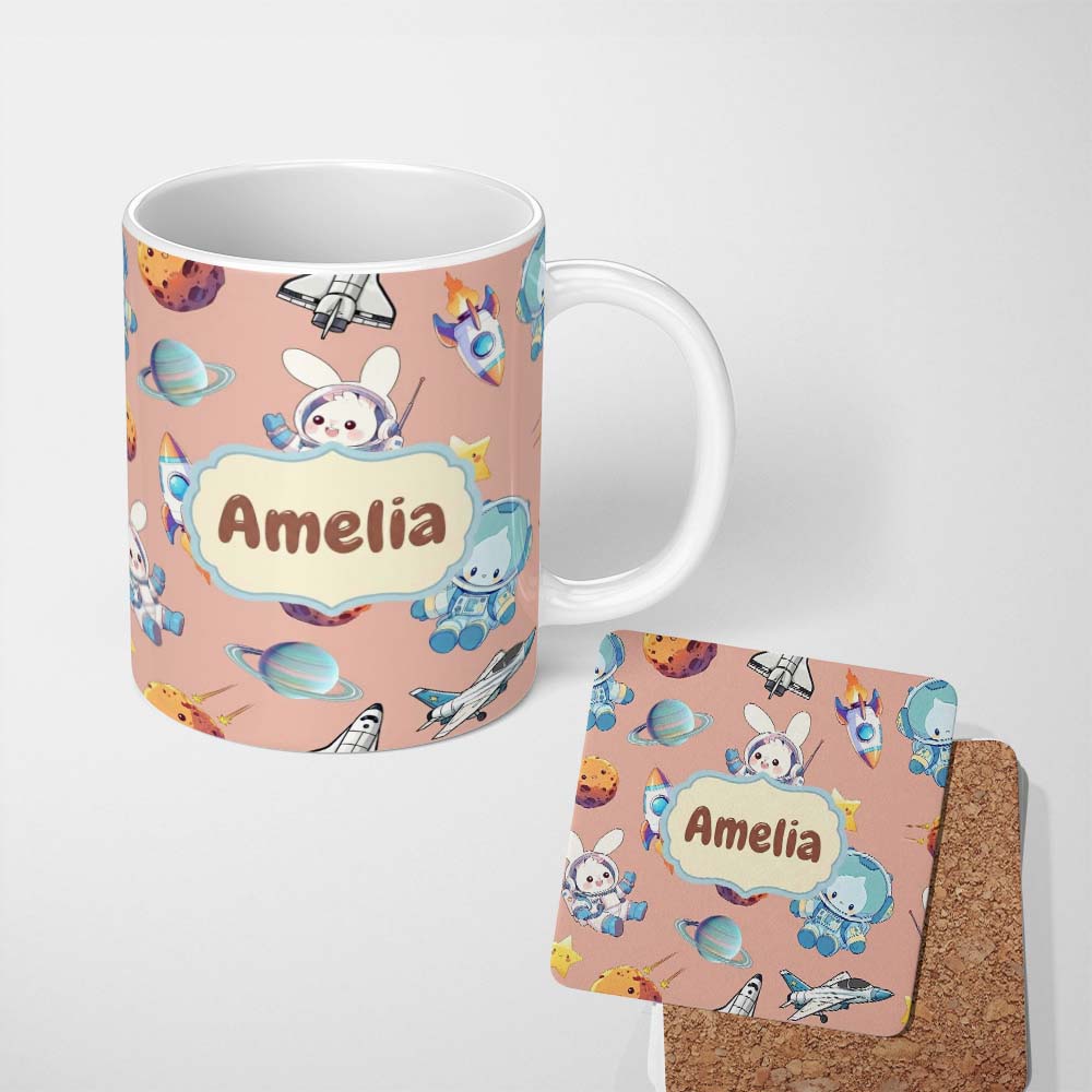 Personalized Custom Name Bunny Astronaut Cat Space Rockets Planets Stars Seamless Peach 11oz Ceramic Coffee Tea Mug White Large Handle