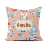 Custom Name Bunny Cat Space Rockets Planets Stars Seamless Peach Square Filled Cushion Throw Pillow Sofa Bed Home Decor Zip Washable UK Made