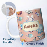 Personalized Custom Name Bunny Astronaut Cat Space Rockets Planets Stars Seamless Peach 11oz Ceramic Coffee Tea Mug White Large Handle