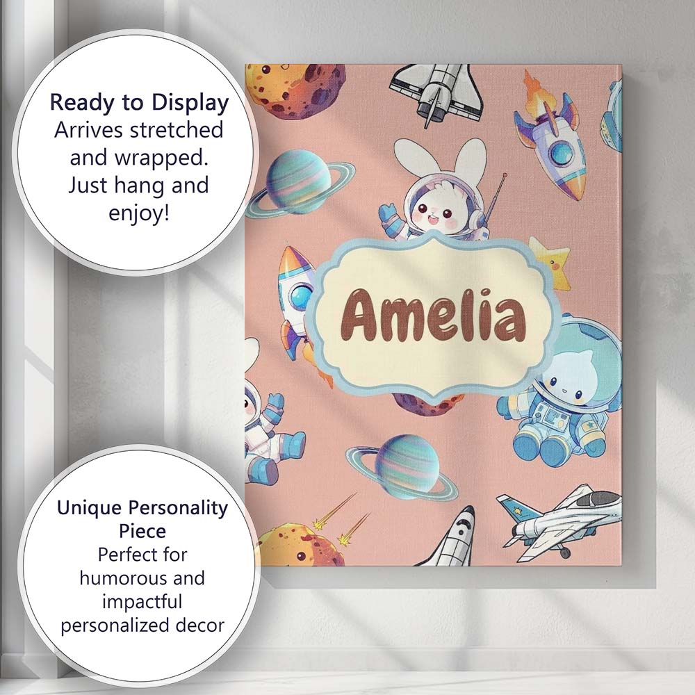 Personalised Name Bunny Astronaut Cat Space Custom  Bespoke Interior Contemporary Canvas Wall Art Print Decor Picture Ready to Hang